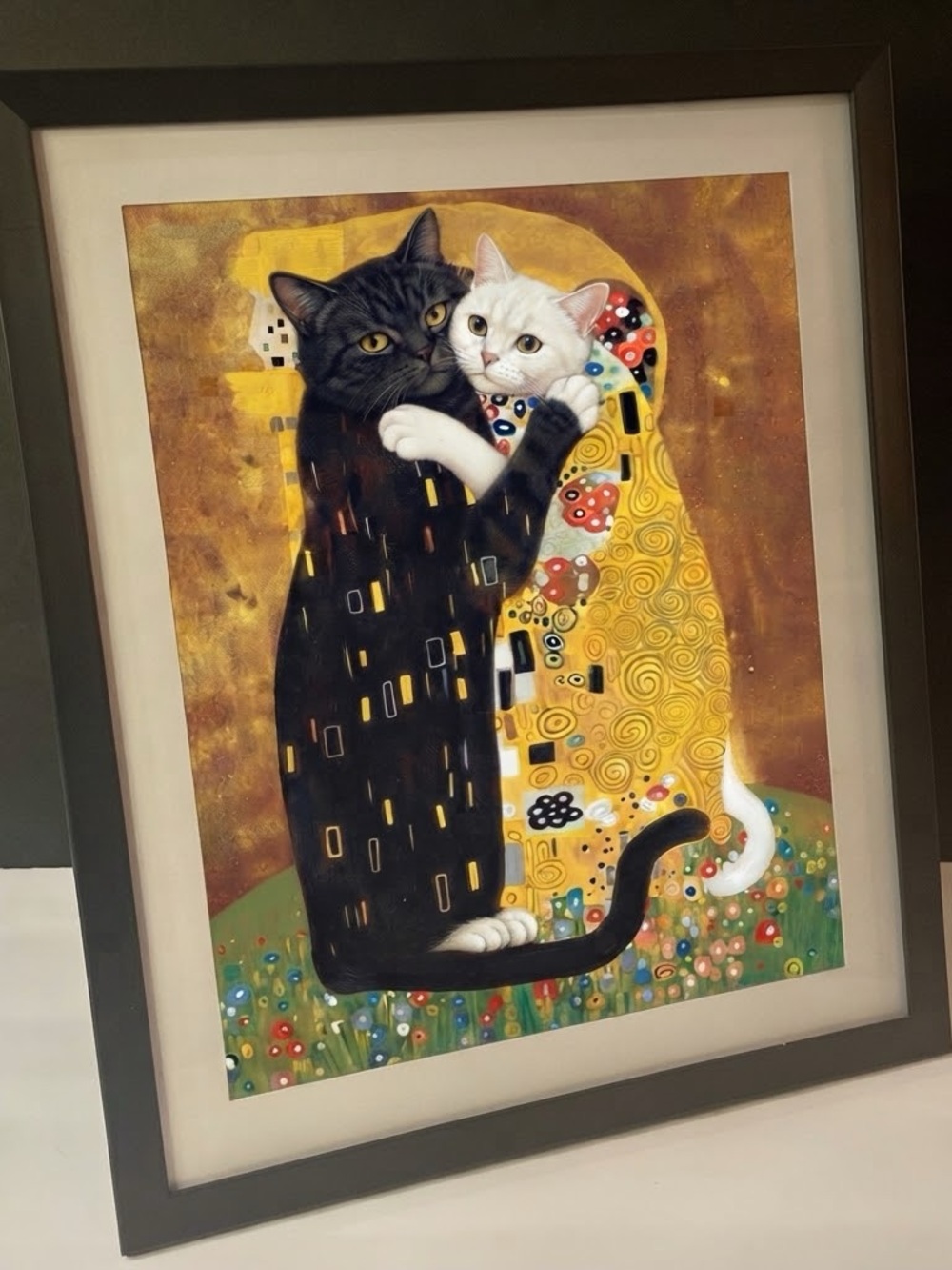 Klimt-Inspired Art Print – “The Kiss” with Black & White American Shorthair cats